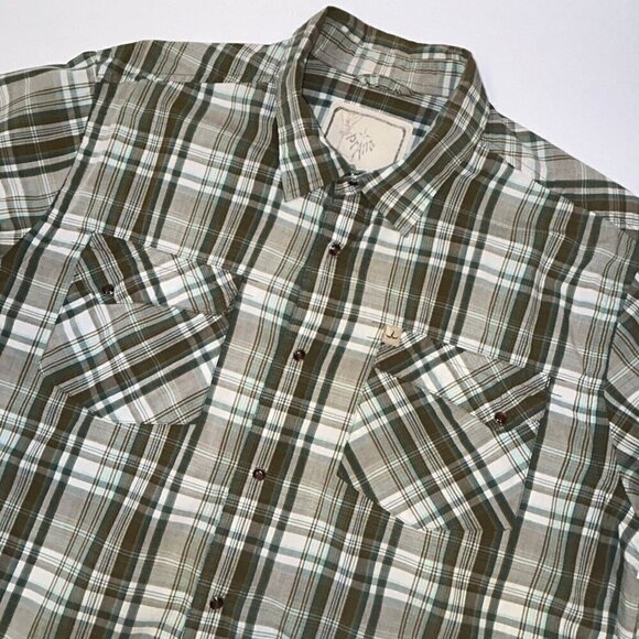 Prana Shirt Mens Large Green Brown Plaid Pearl Snap Short Sleeve Pockets Western - Picture 1 of 11